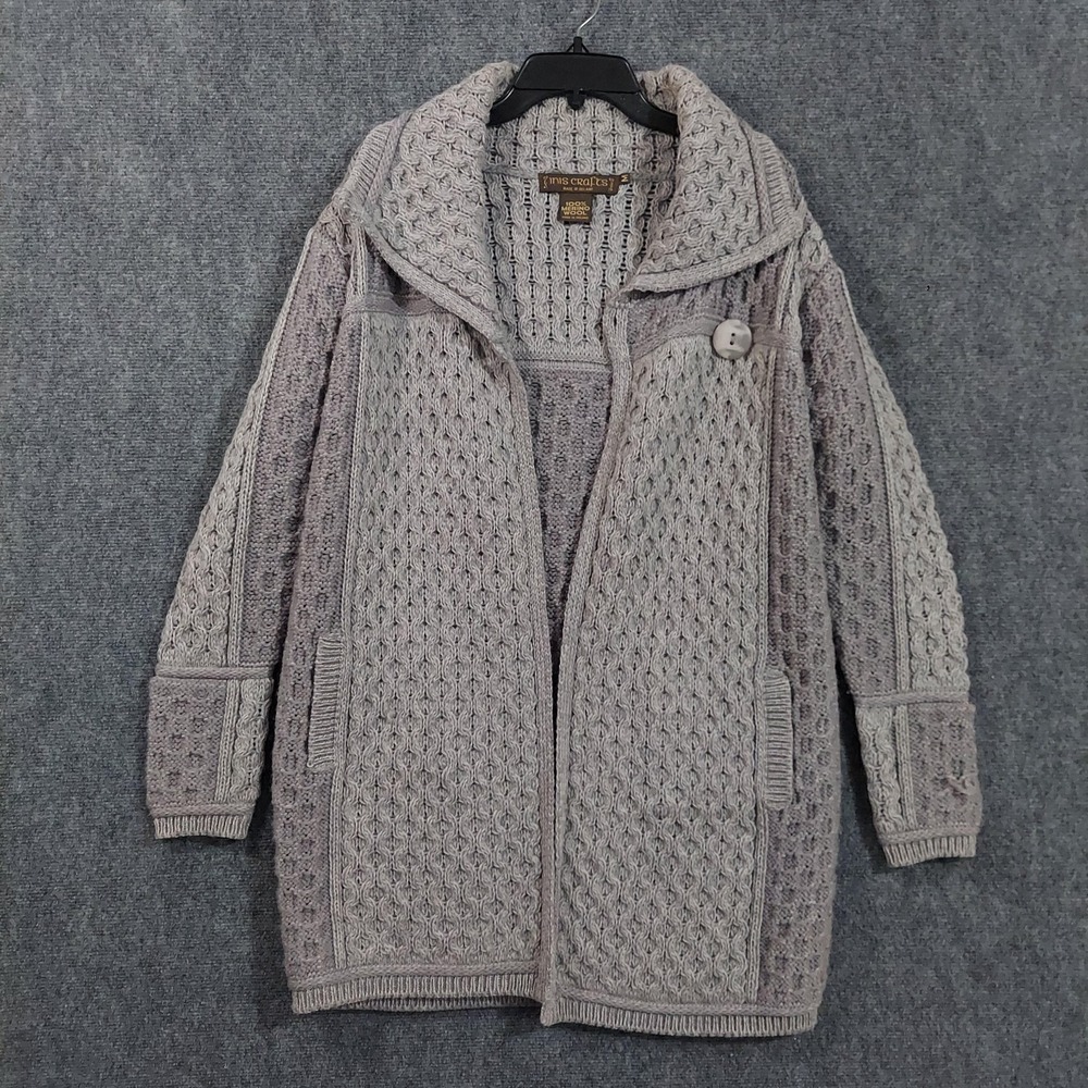 Inis Crafts Cardigan Sweater‎ Womens Medium Gray 100% Merino Wool Cable Knit